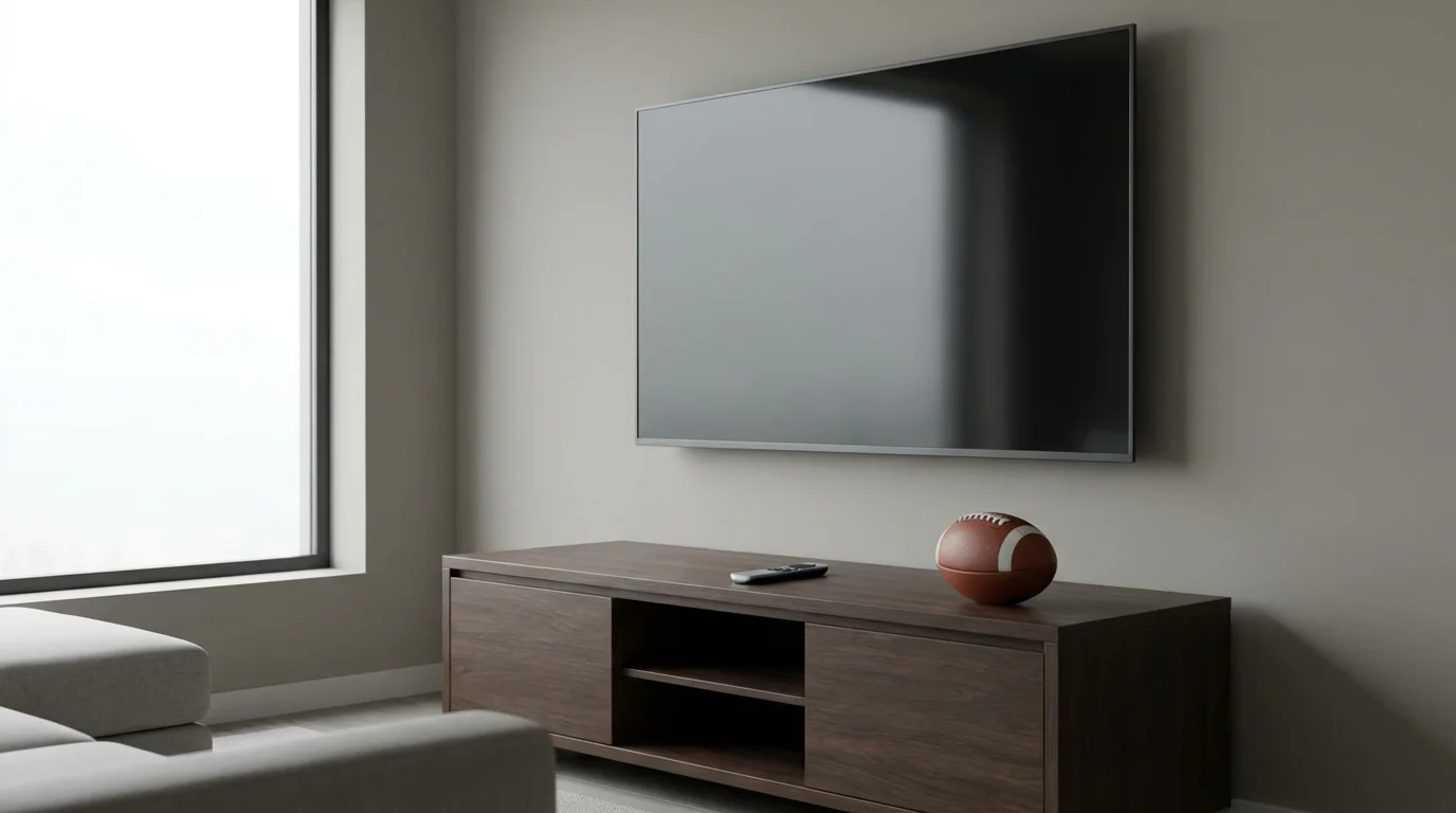 A modern living room with a large television, a remote, and an American football.