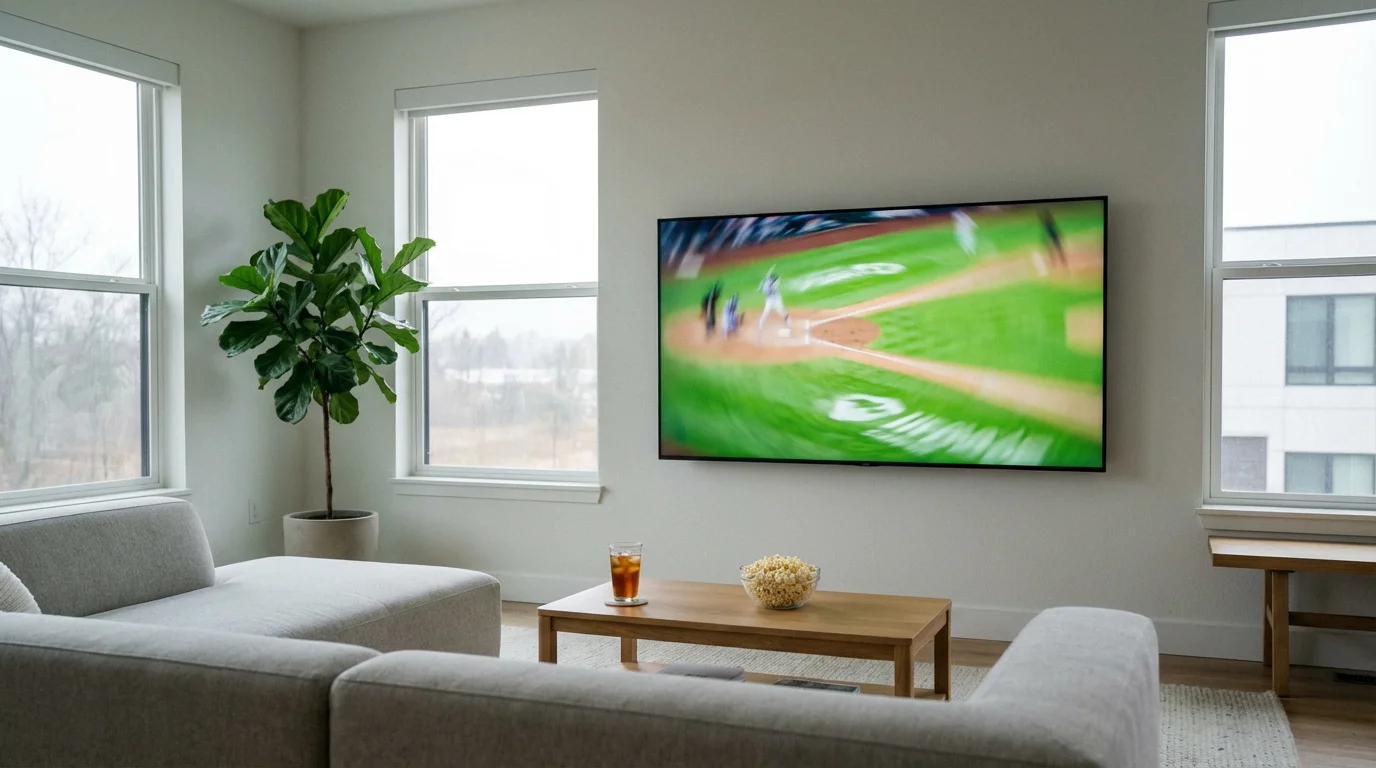 A modern living room with a large TV showing a blurred baseball game.