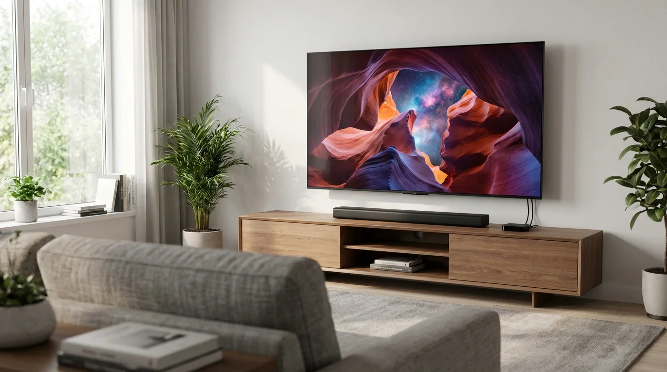A modern living room with a large TV, soundbar, and streaming device setup.