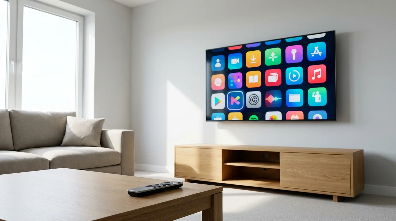 A modern living room with a smart TV displaying a generic streaming service menu.