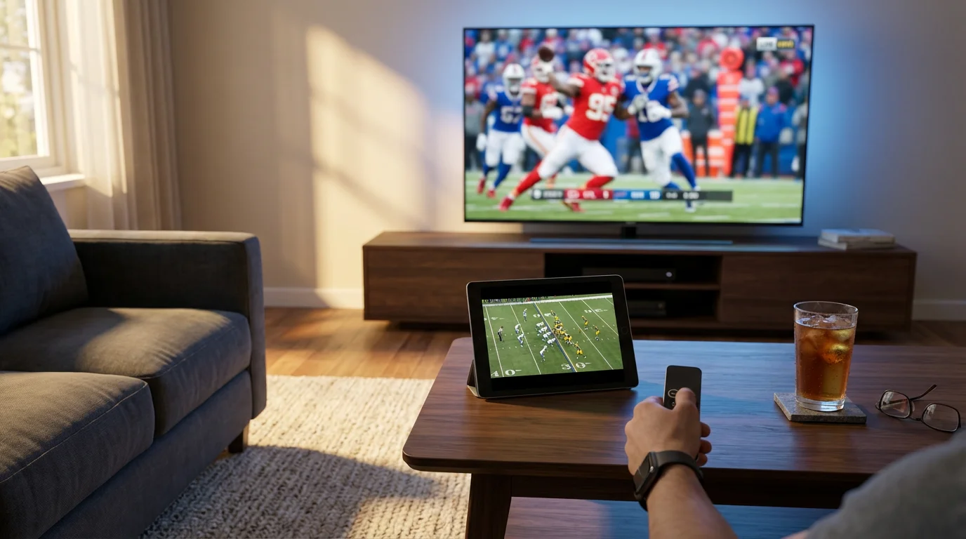 A modern living room with a TV and tablet showing different football games simultaneously.