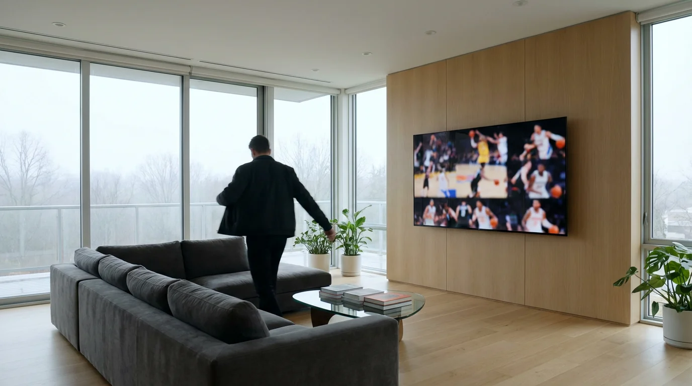 A modern living room with a TV displaying a library of recorded basketball games.