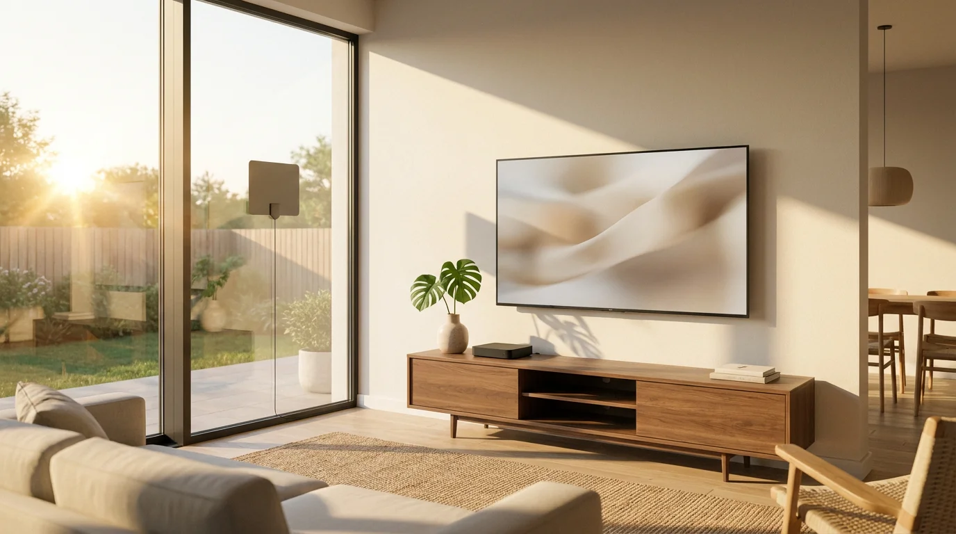 A modern living room with a TV, OTA DVR, and a sleek indoor HD antenna.