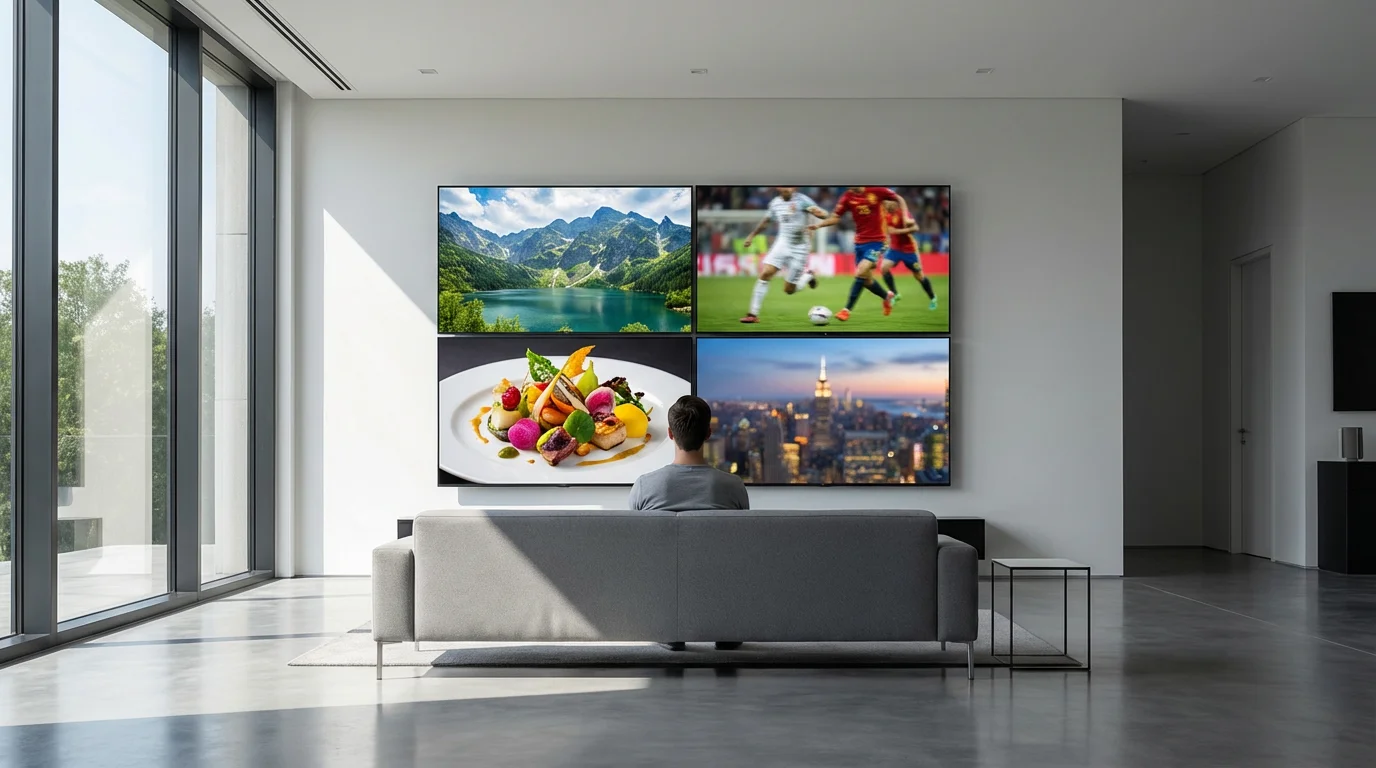 A modern media room with a wall of four TVs showing diverse channel content.