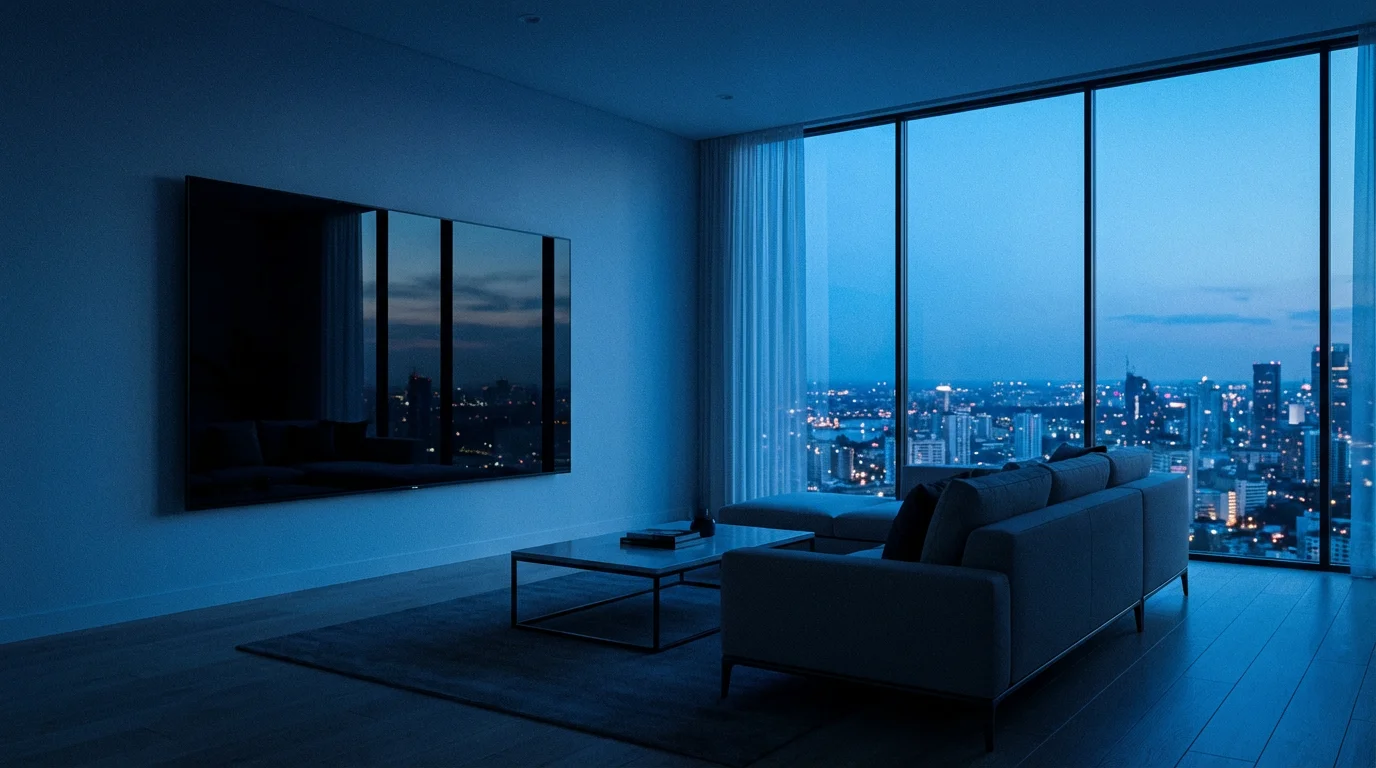 A modern, minimalist living room at dusk with a large blank TV on the wall.