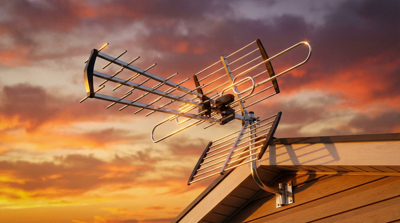 A modern rooftop TV antenna from a low angle during a warm golden hour sunset.