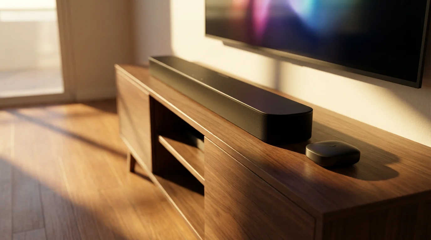 A modern soundbar and streaming device on a media console at golden hour.