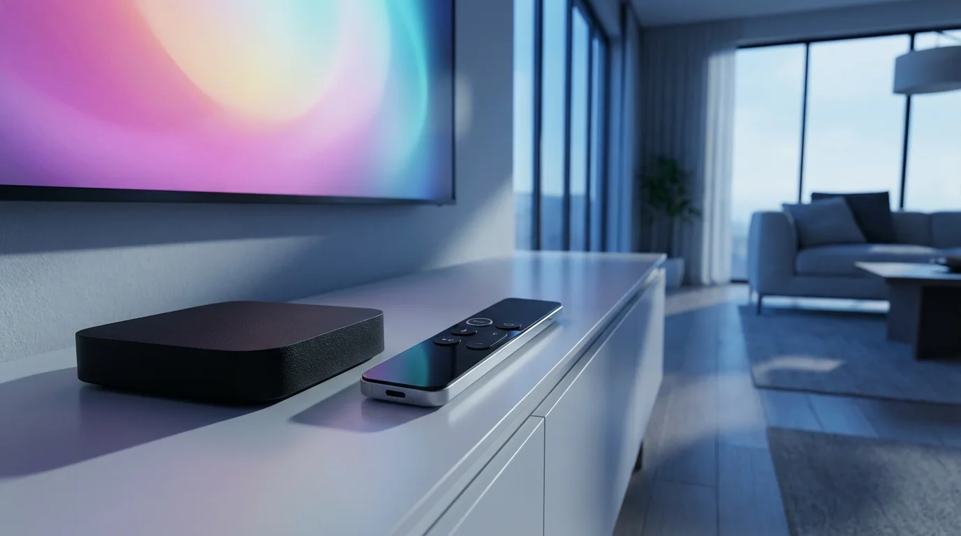A modern streaming remote and media box on a console at blue hour.