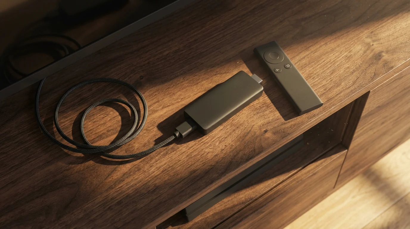 A modern streaming stick, remote control, and HDMI cable laid out on a dark wood surface.