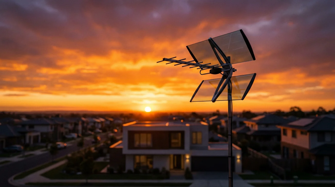 A modern TV antenna on a suburban house rooftop against a golden hour sunset.