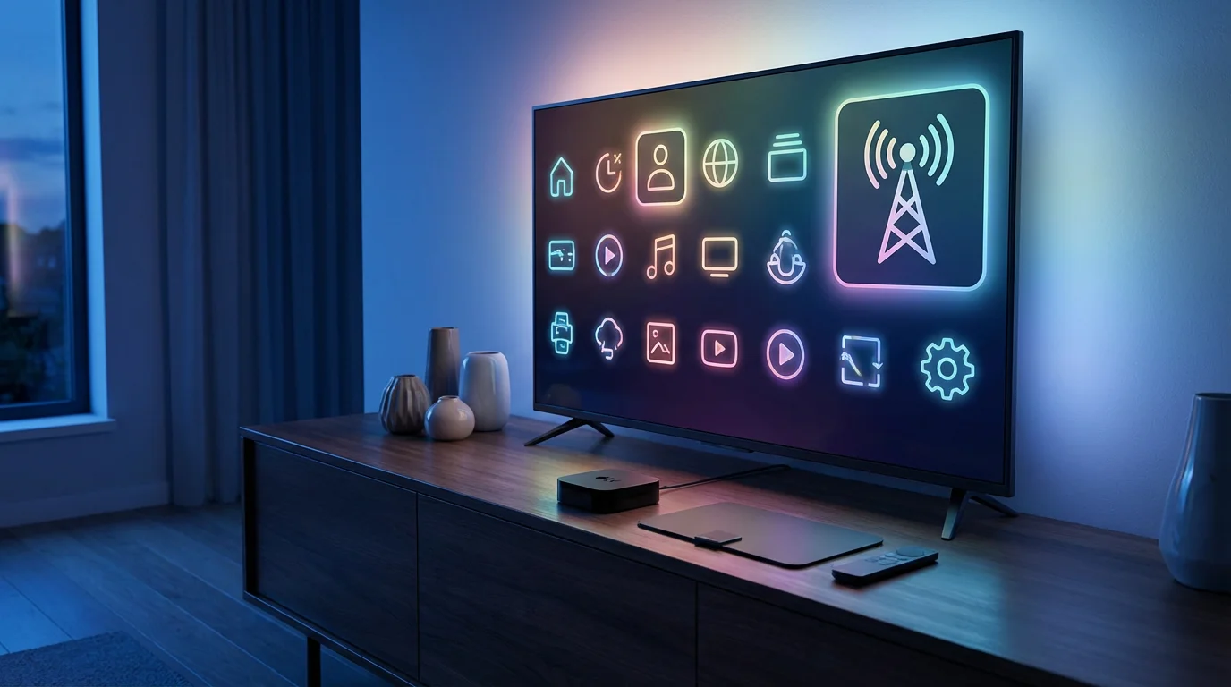 A modern TV showing a combined streaming and live TV user interface at dusk.