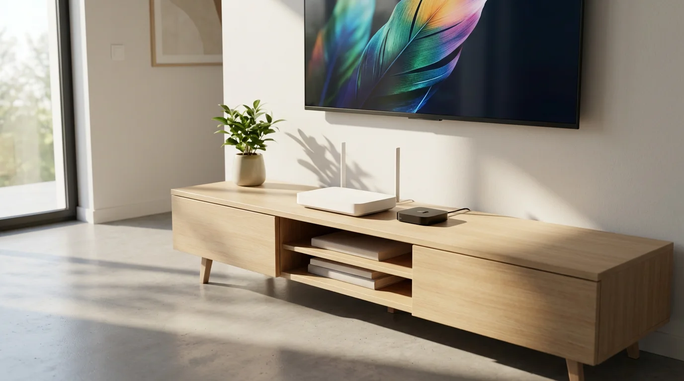 A modern Wi-Fi router and streaming device on a media console in a sunlit living room.