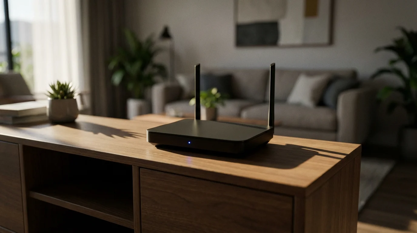 A modern Wi-Fi router on a wooden console with long afternoon shadows.