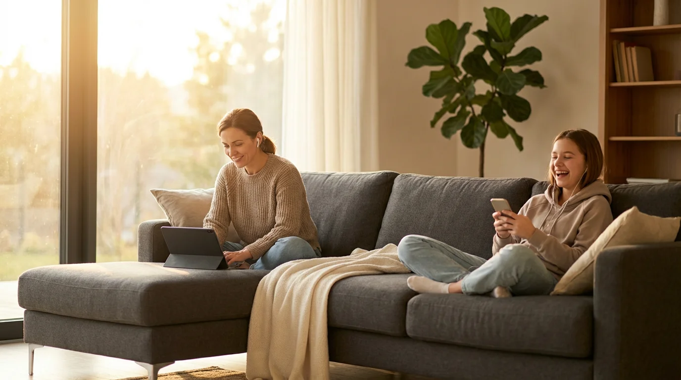 A mother and daughter on a sofa, each enjoying content on their own devices.