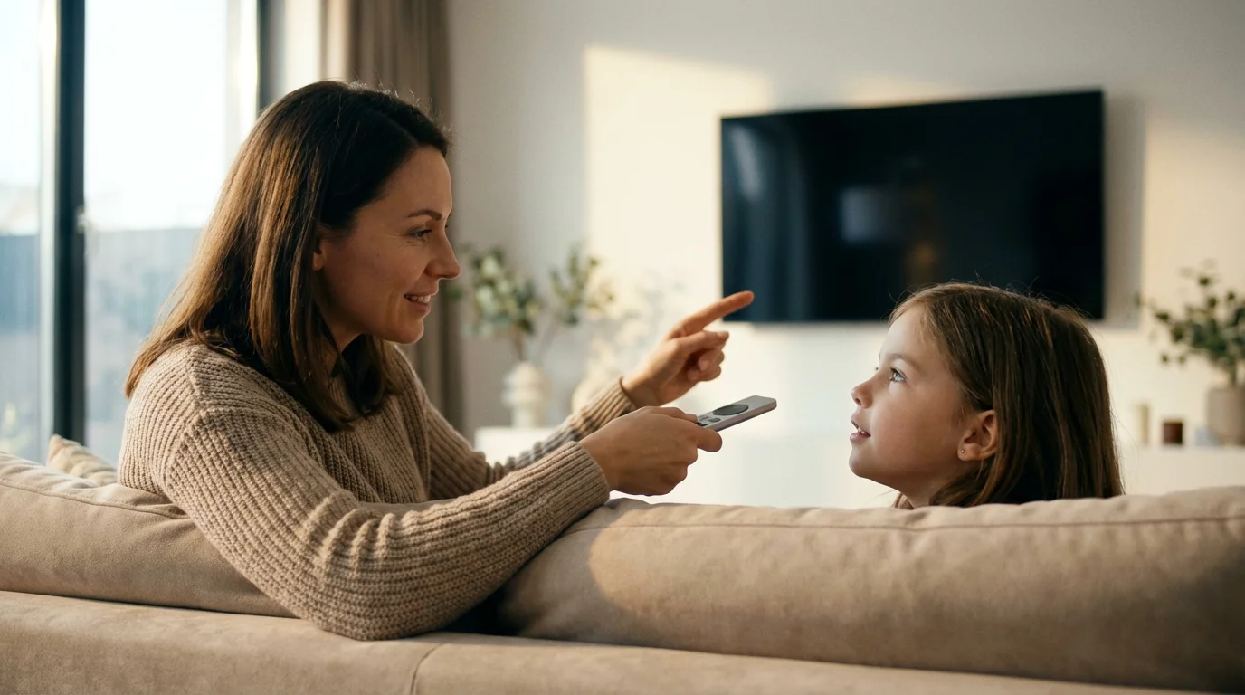 A mother and daughter sit on a sofa with a TV remote in a modern living room.