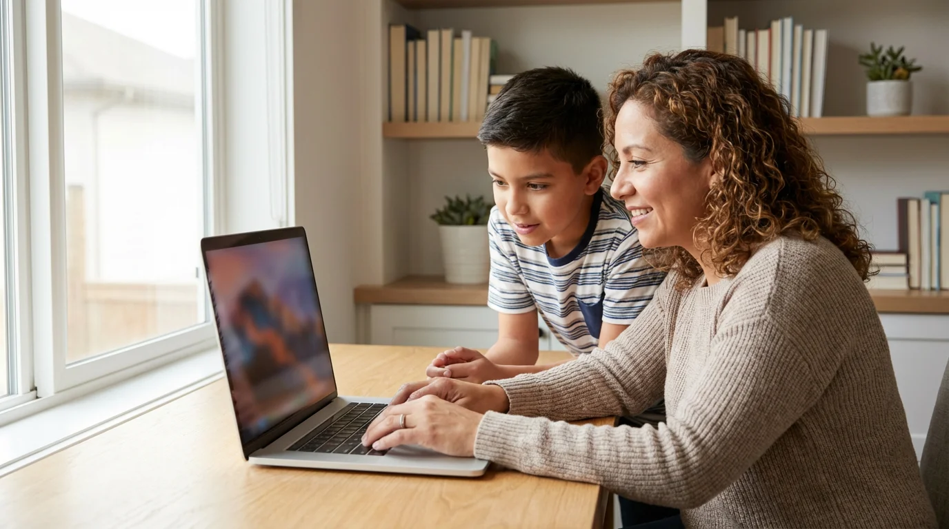 A mother and her son sit at a desk looking at a laptop together.