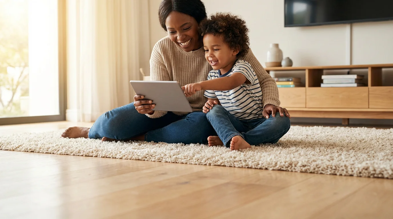 A mother and son sit on the floor, happily looking at a tablet together.