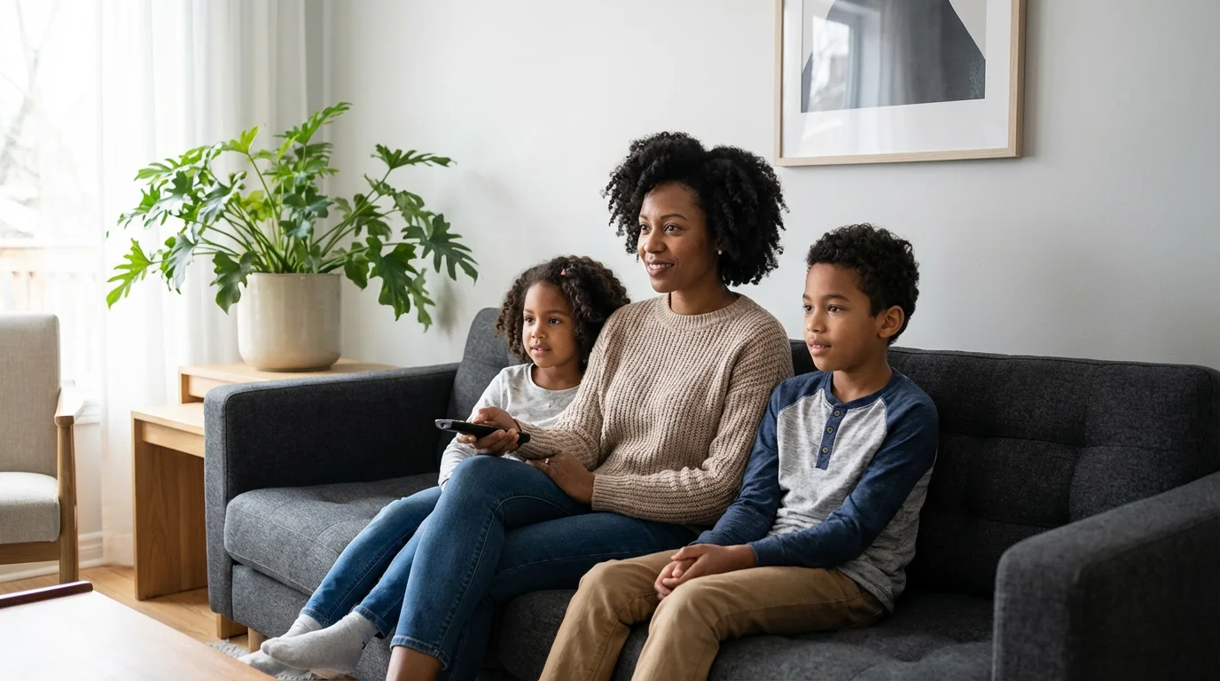 A mother and two children sit on a couch, using a remote for TV parental controls.