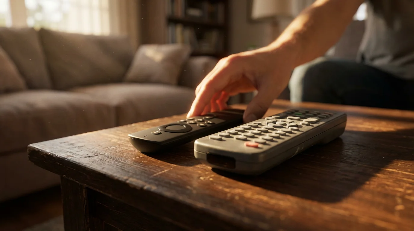A new, sleek streaming remote is placed next to an old, cluttered cable remote.