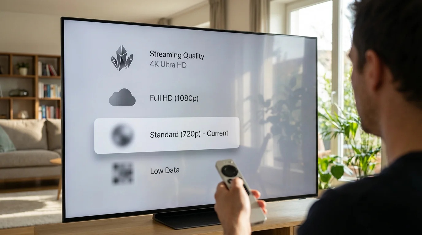 A person adjusting video quality settings on a television to a lower resolution.