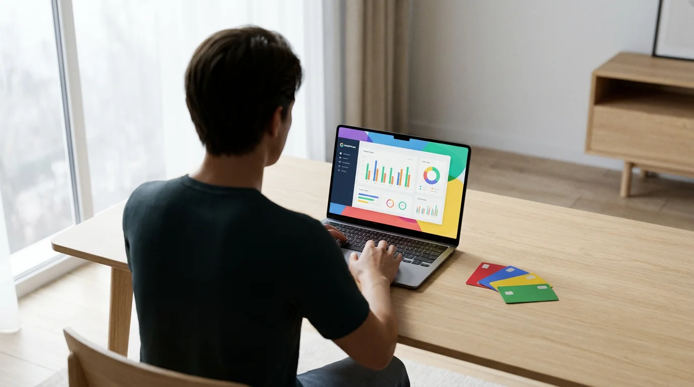 A person at a desk with a laptop and credit cards, budgeting for expenses.