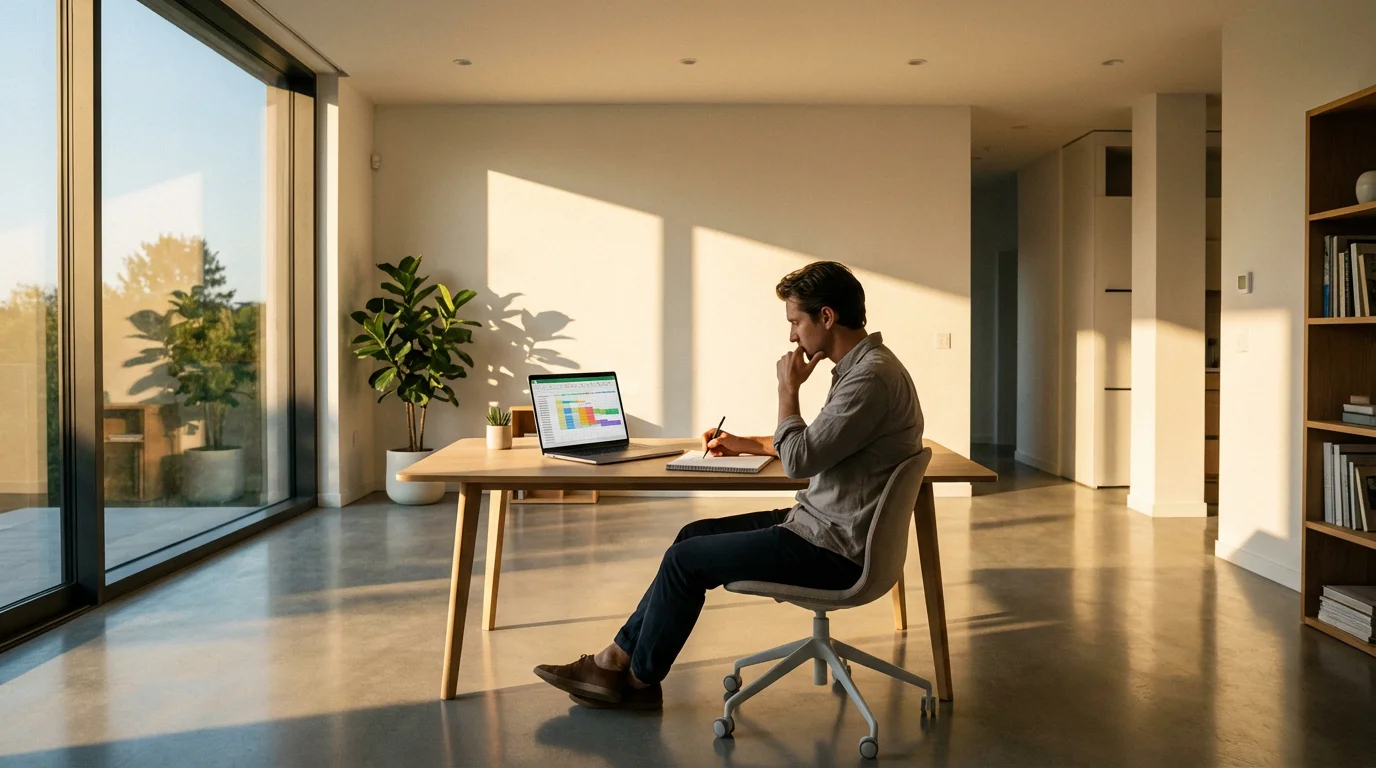 A person at a desk with a laptop and notebook, planning a strategy during golden hour.