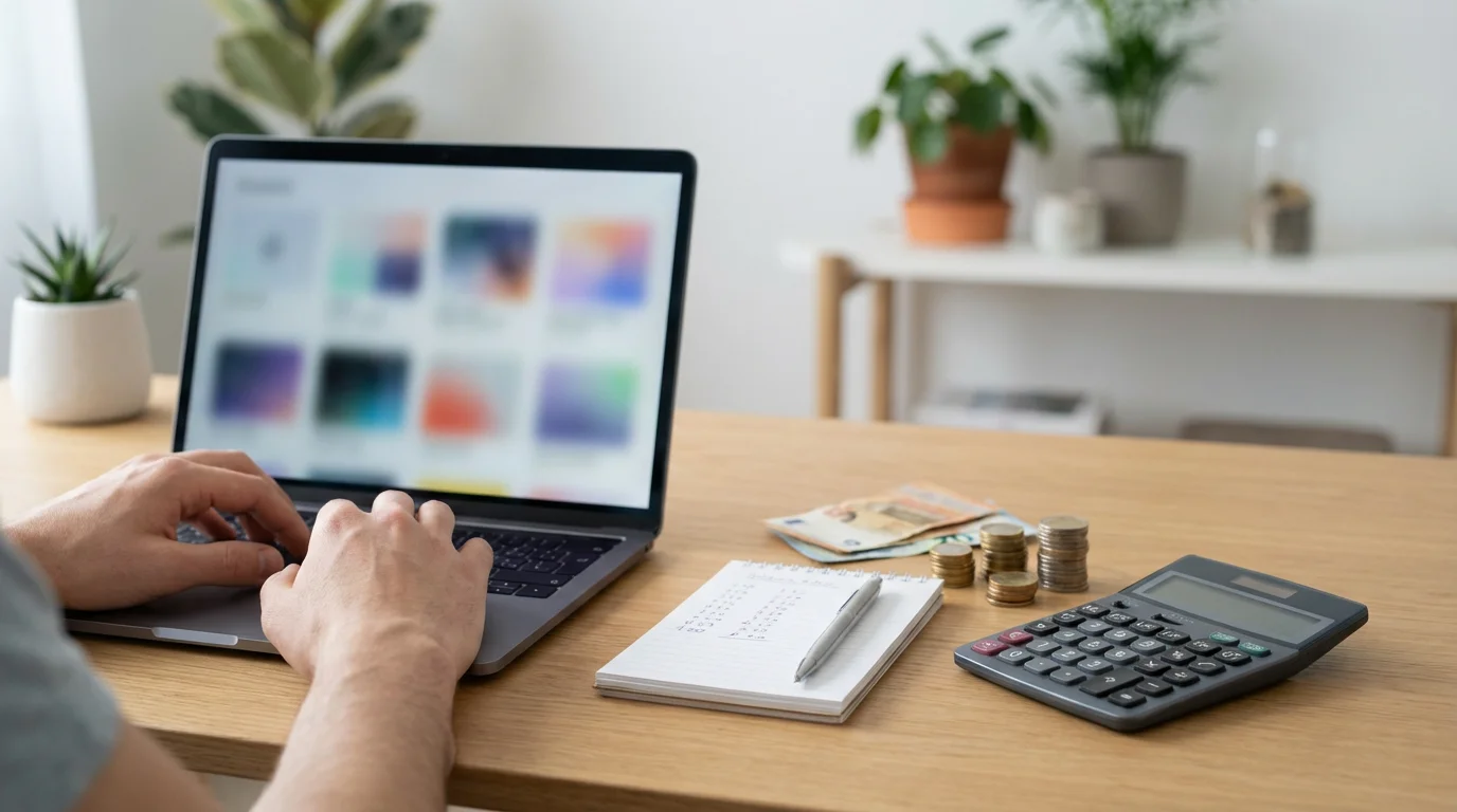 A person at a desk with a laptop, calculator, and stack of coins.