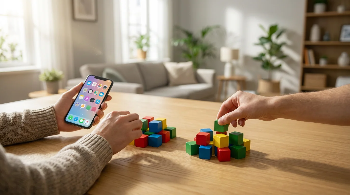 A person at a table sorting colorful blocks, representing streaming subscriptions, while holding a smartphone.