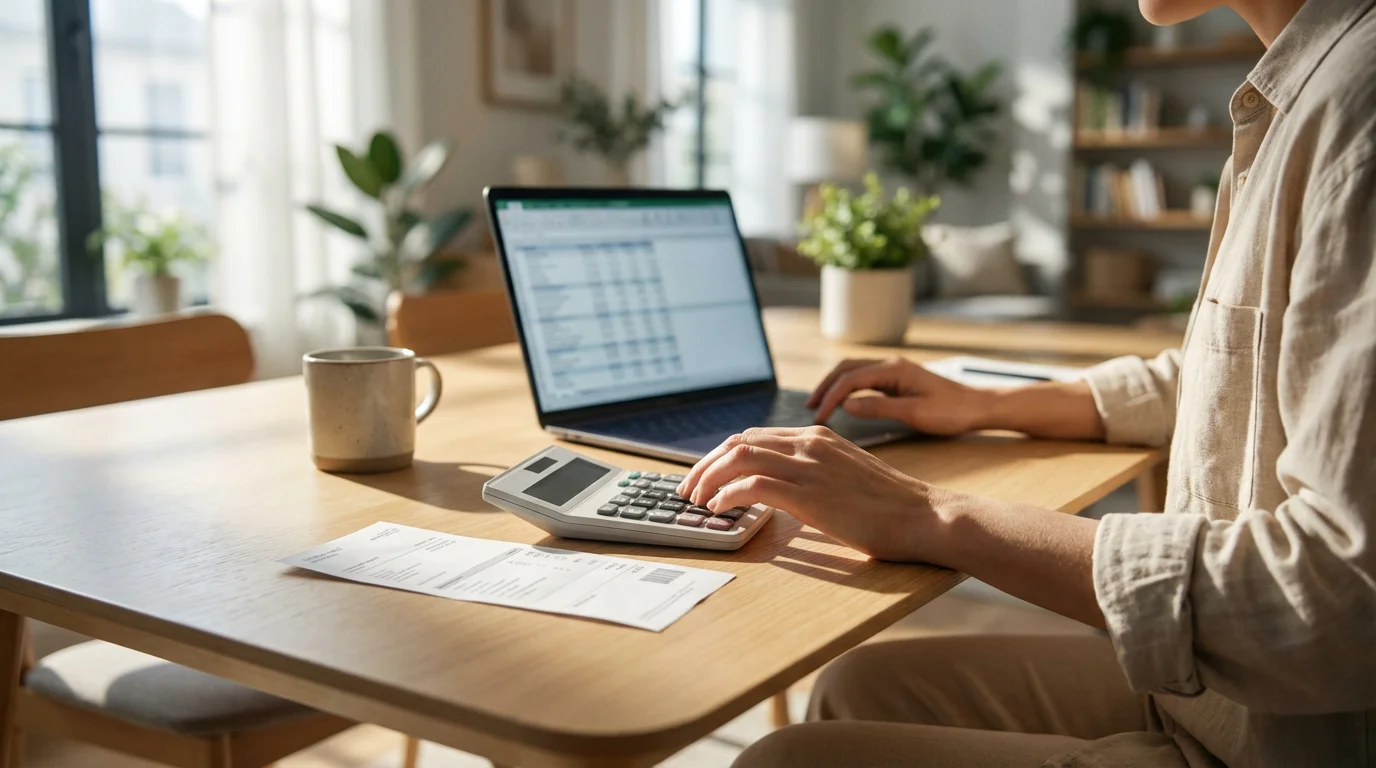 A person at a table with a calculator and bill comparing cable vs streaming costs.