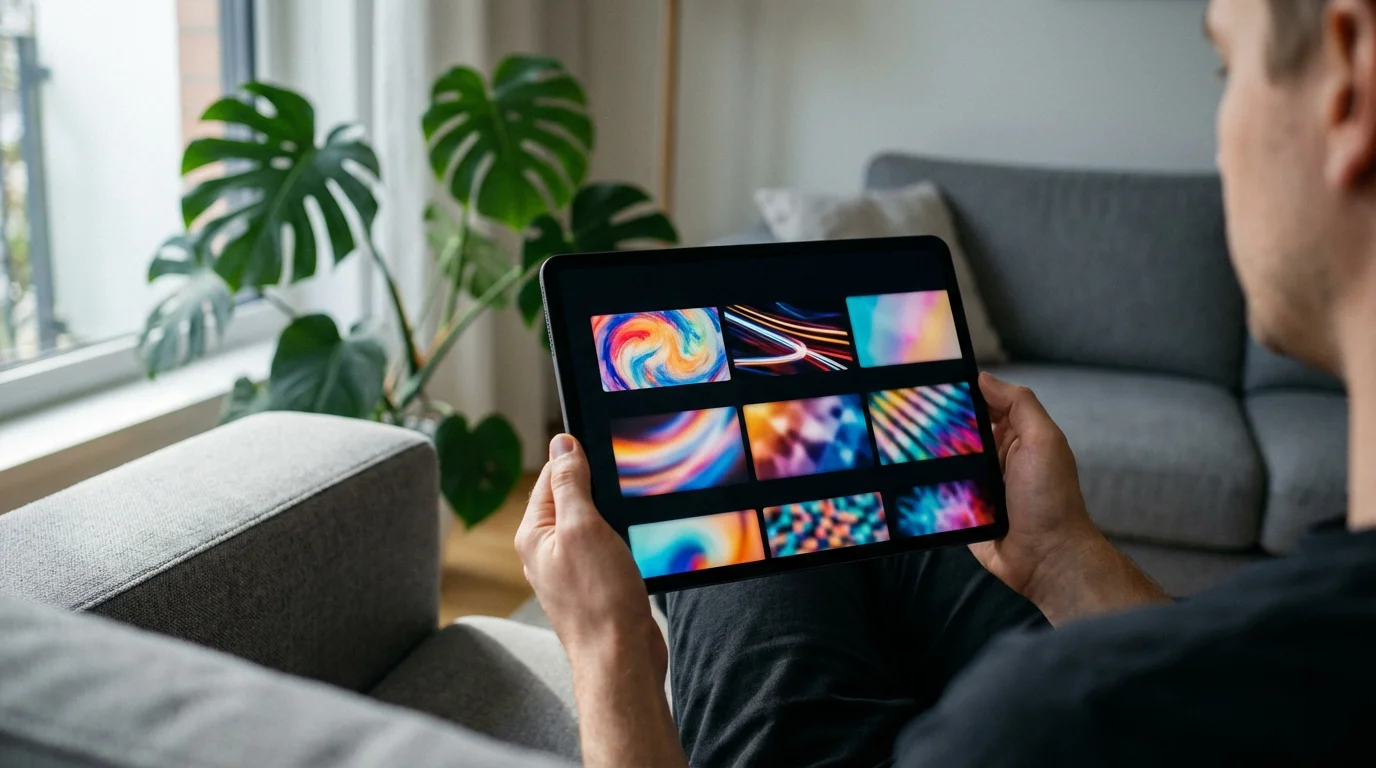 A person browses a generic streaming service interface on a tablet in a sunlit room.