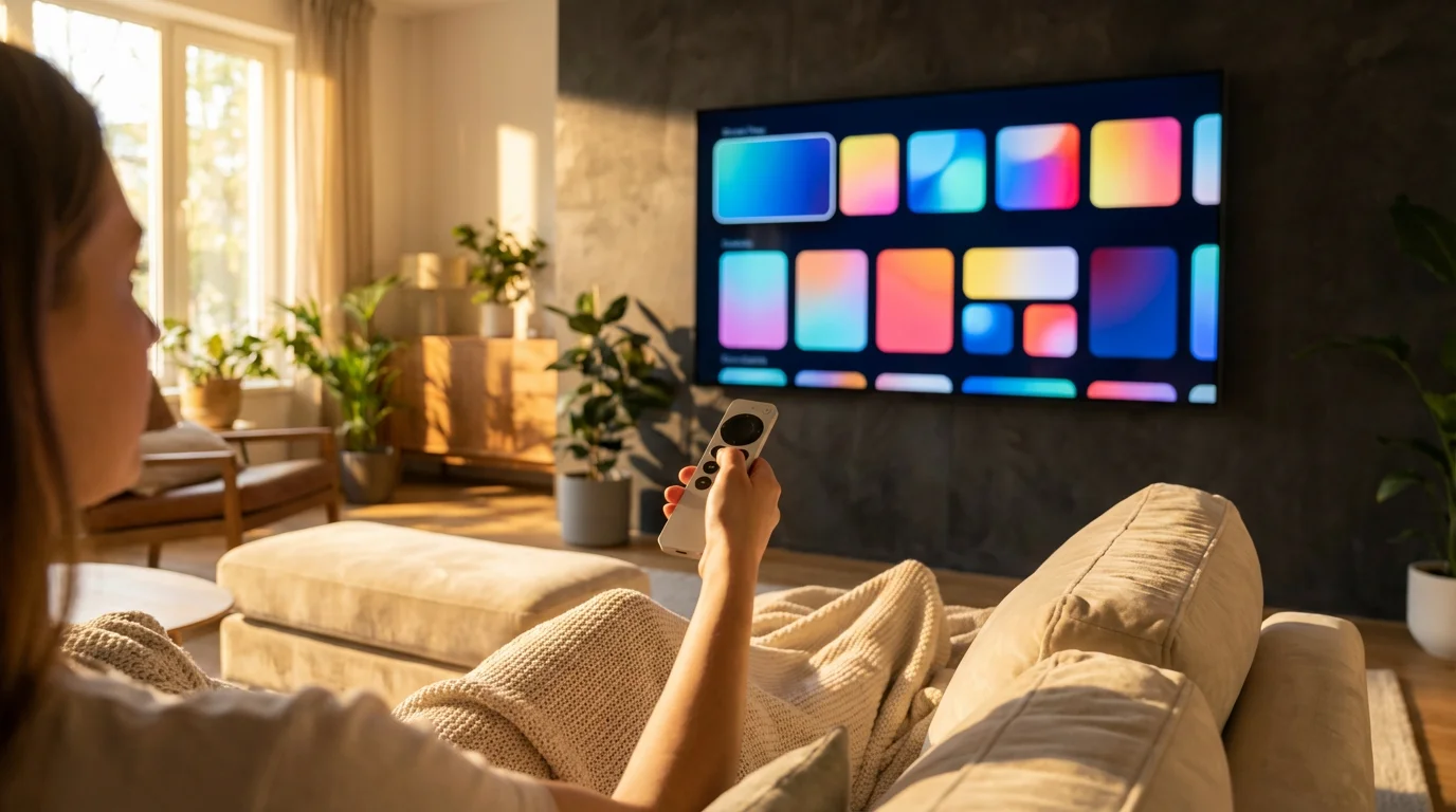 A person browsing a streaming service on a smart TV in a cozy living room.