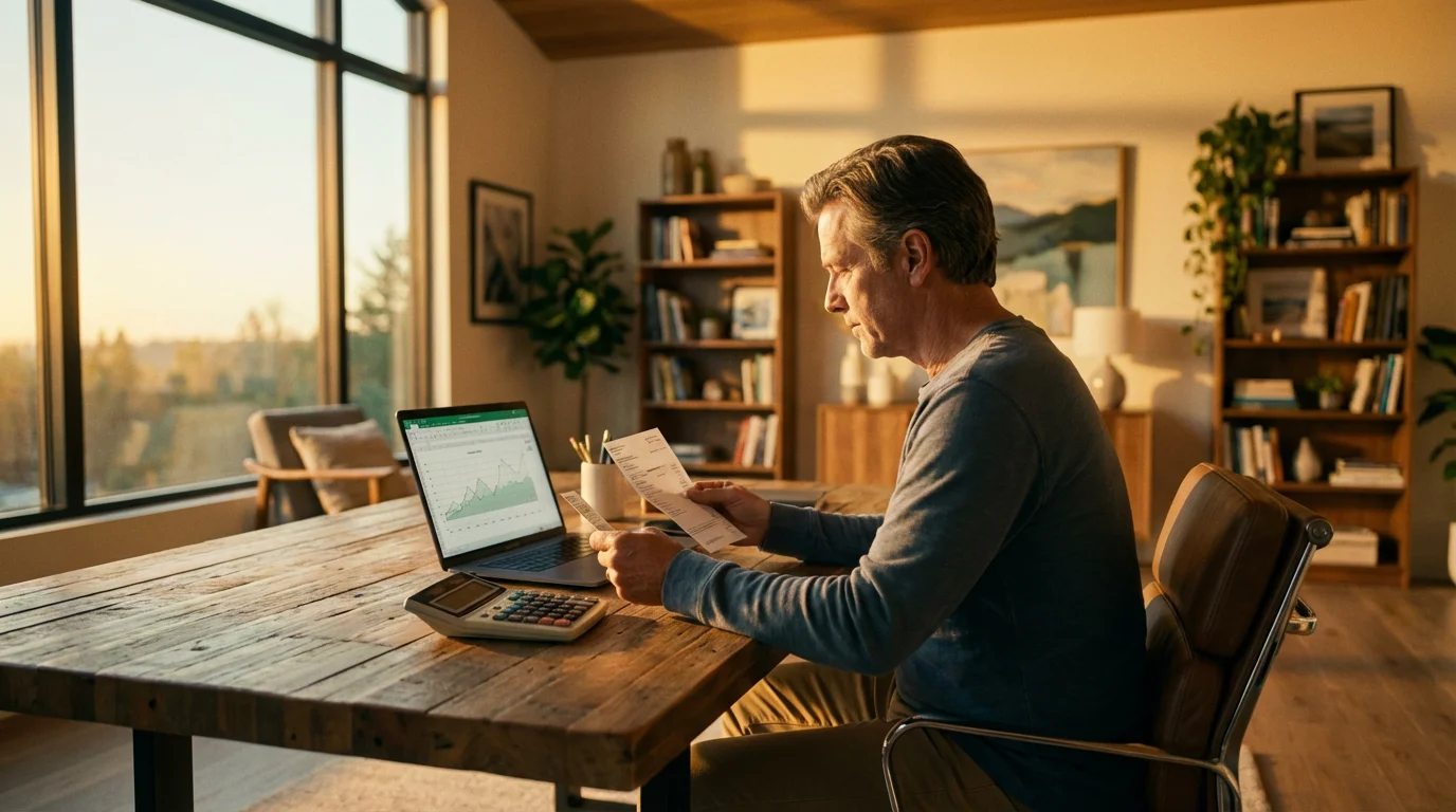 A person calculating expenses with a bill and calculator during golden hour.