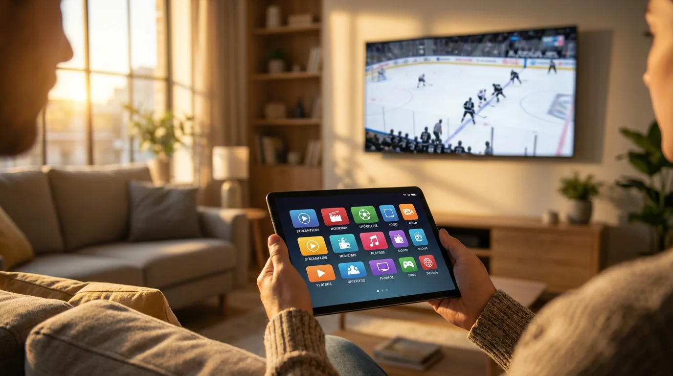 A person choosing a streaming app on a tablet to watch a hockey game.