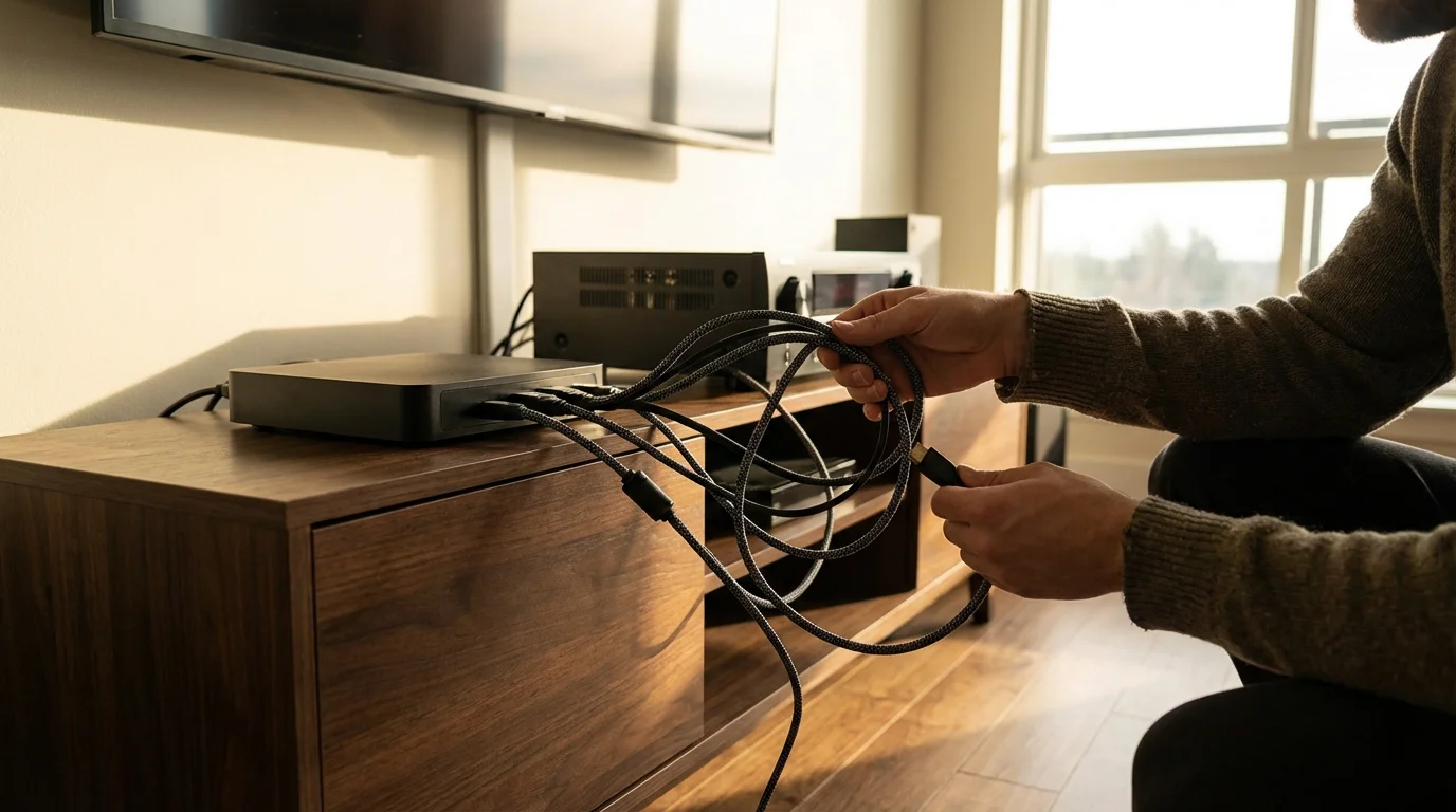 A person from behind checking streaming device cables in a living room at sunset.