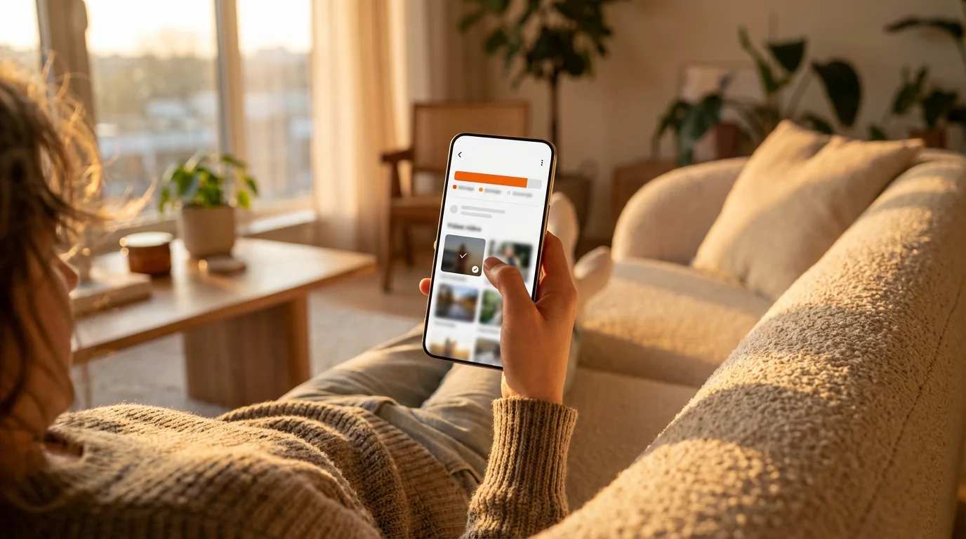 A person holding a phone, about to delete a downloaded video to manage storage.