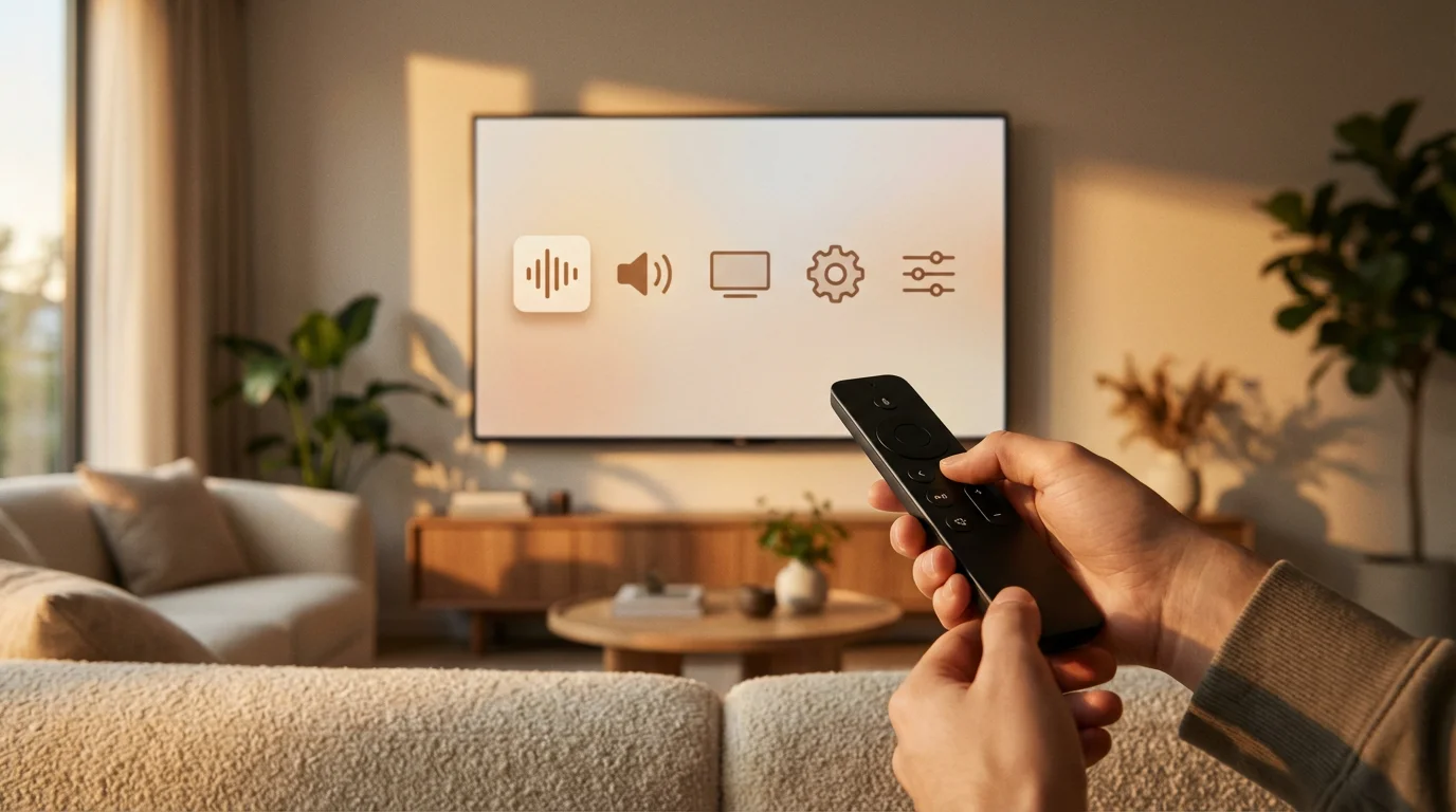 A person holding a remote, adjusting icon-based settings on a television screen during sunset.