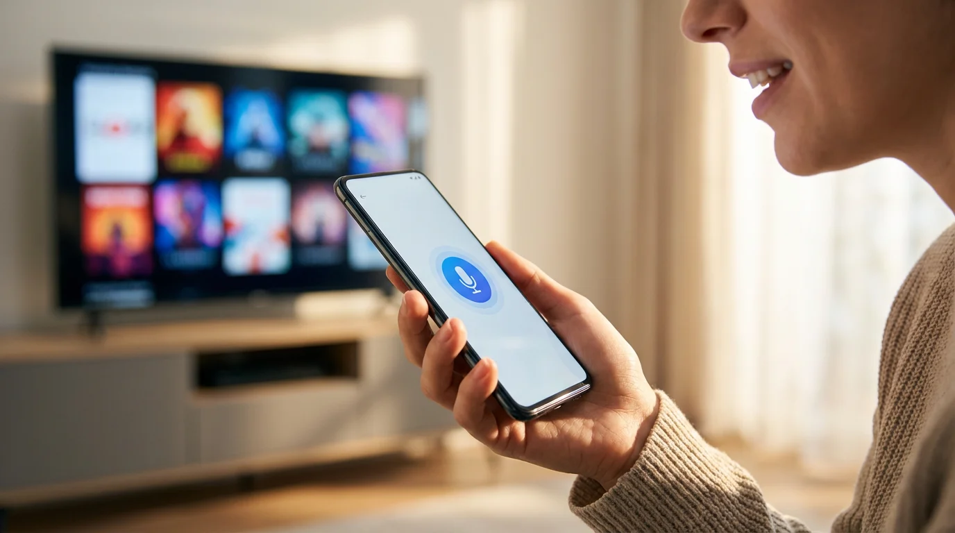 A person holding a smartphone and using the voice search feature for a TV.