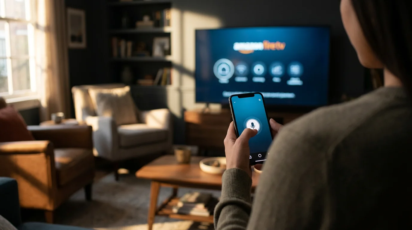 A person holding a smartphone using the Amazon Fire TV remote app's voice control.