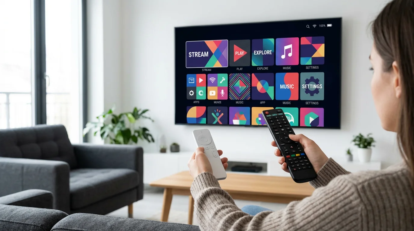 A person holding two remotes, deciding between a smart TV and a streaming device.
