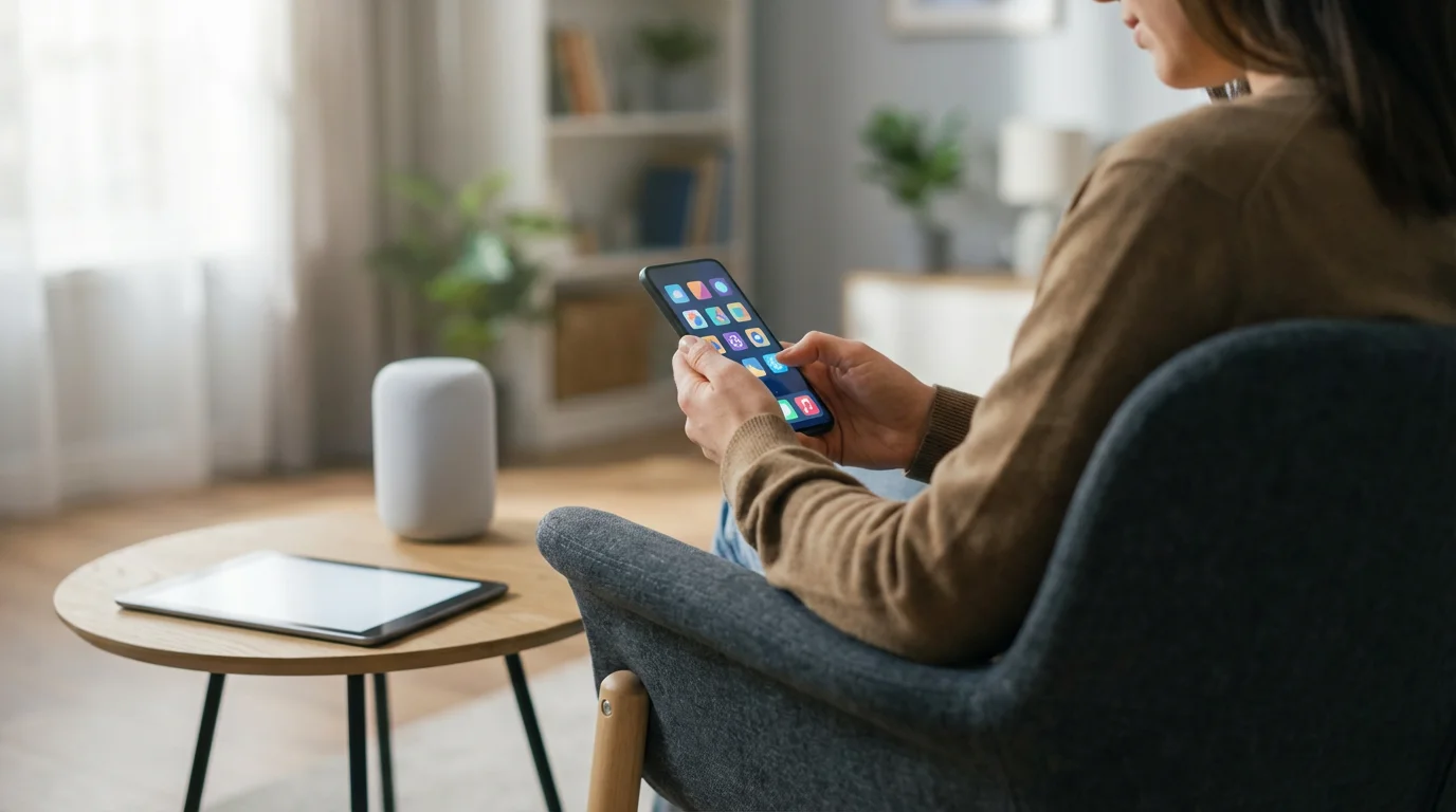 A person holds a smartphone in a bright room with other smart devices nearby.