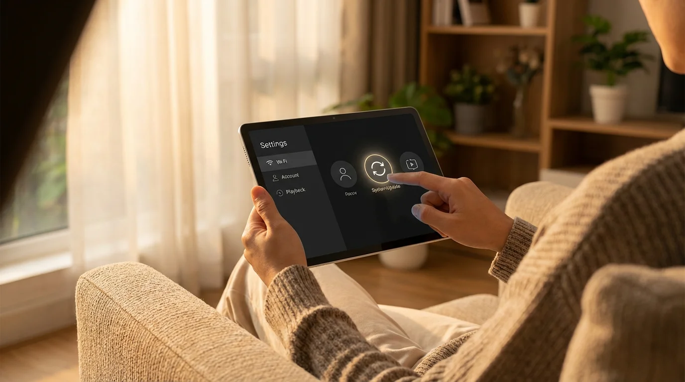 A person holds a tablet, about to tap an update icon for an app.