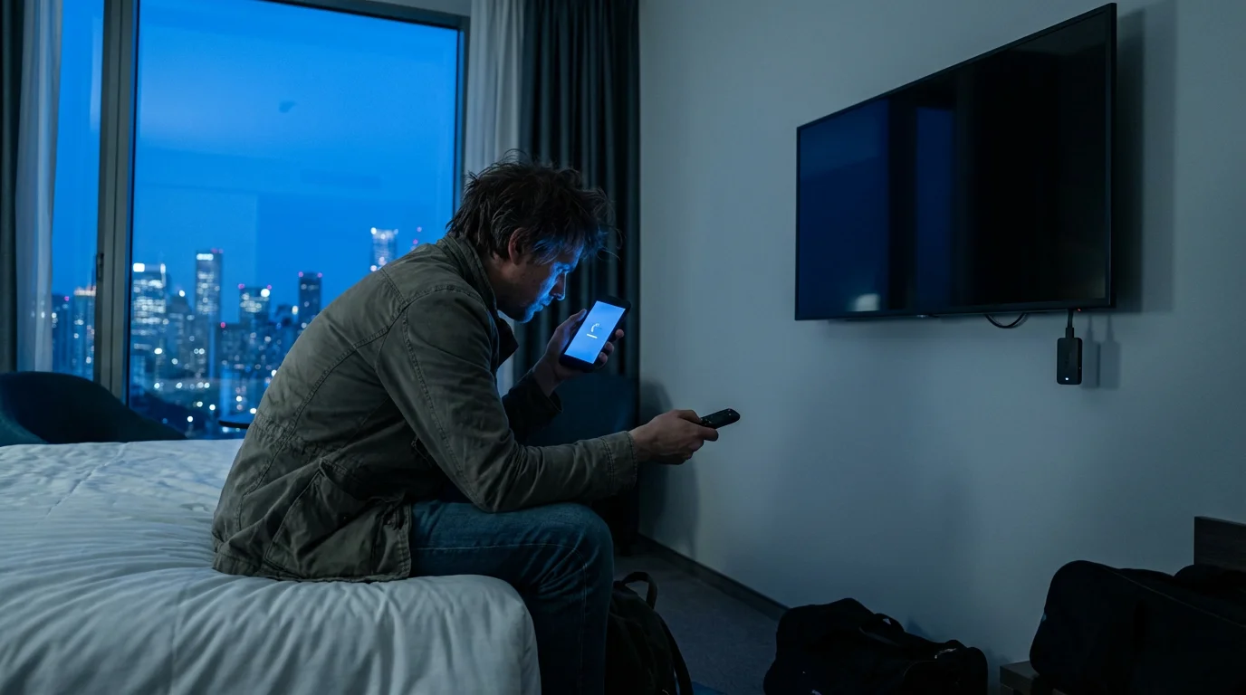 A person in a dim hotel room struggles to connect a streaming device.
