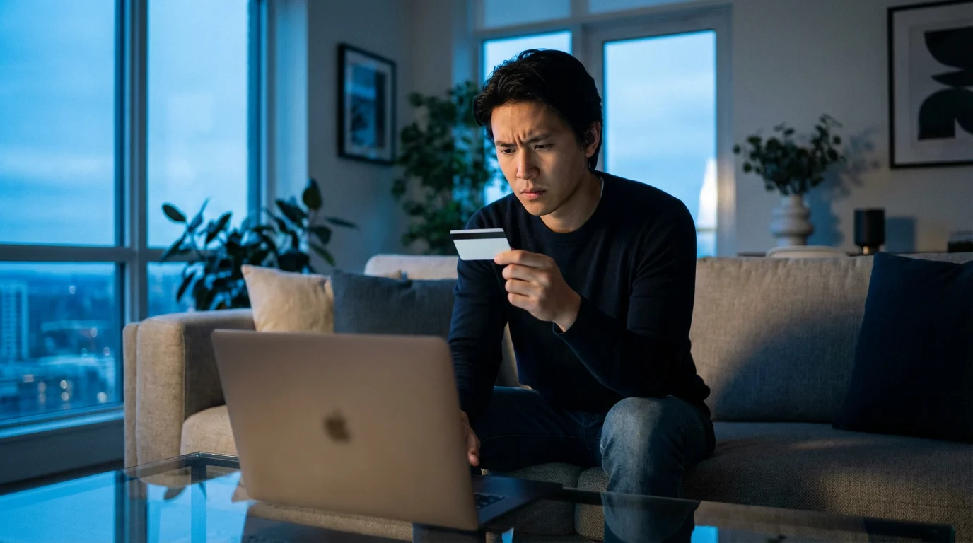 A person in a living room at dusk, holding a credit card thoughtfully.