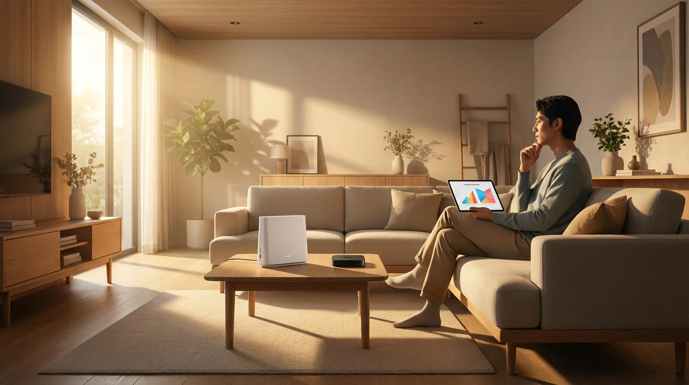 A person in a living room at sunset reviews options on a tablet.