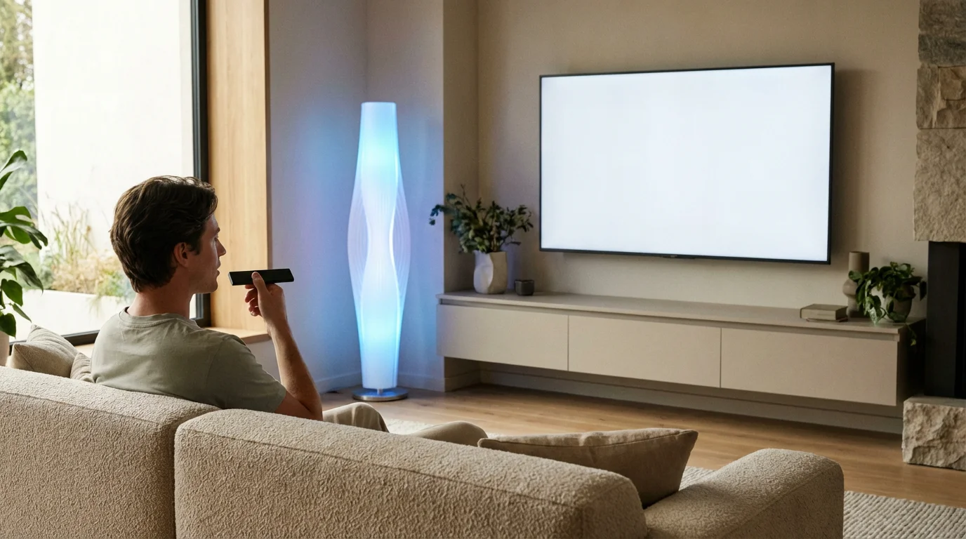 A person in a living room using a voice-enabled remote to turn on a smart lamp.