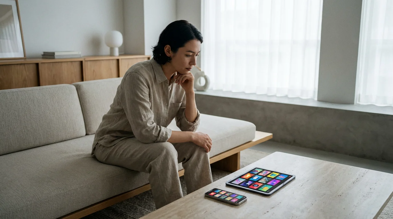 A person in a modern living room deciding between streaming services on multiple devices.