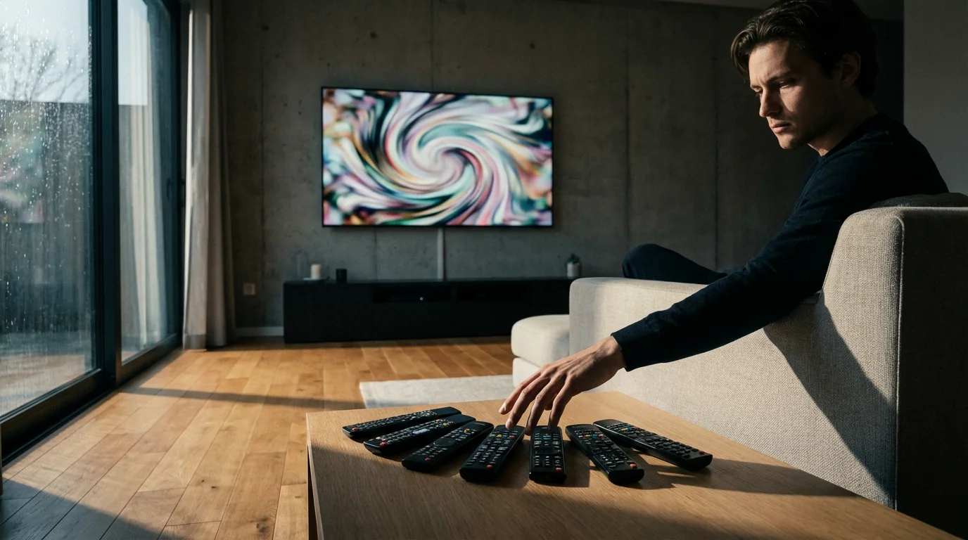 A person in a modern living room deciding between several different TV streaming remotes.