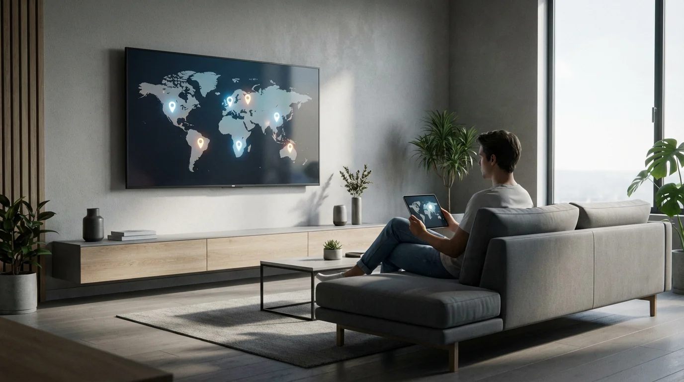 A person in a modern living room uses a tablet while a world map is on the TV.