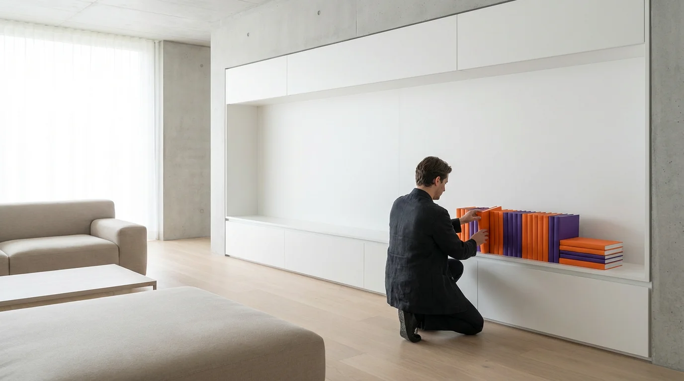 A person in a modern room organizes stacks of orange and purple books onto one shelf.
