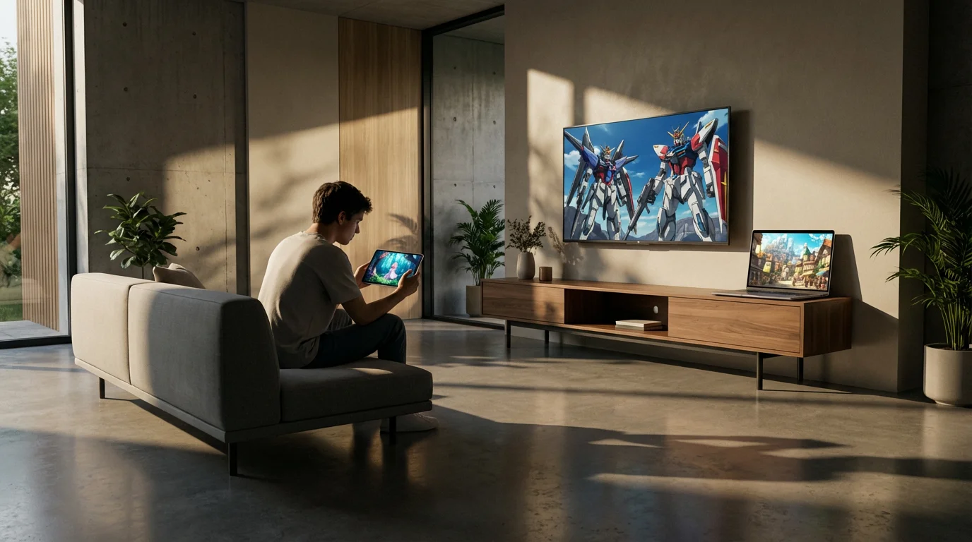 A person in a modern room with a TV, laptop, and phone all showing anime.